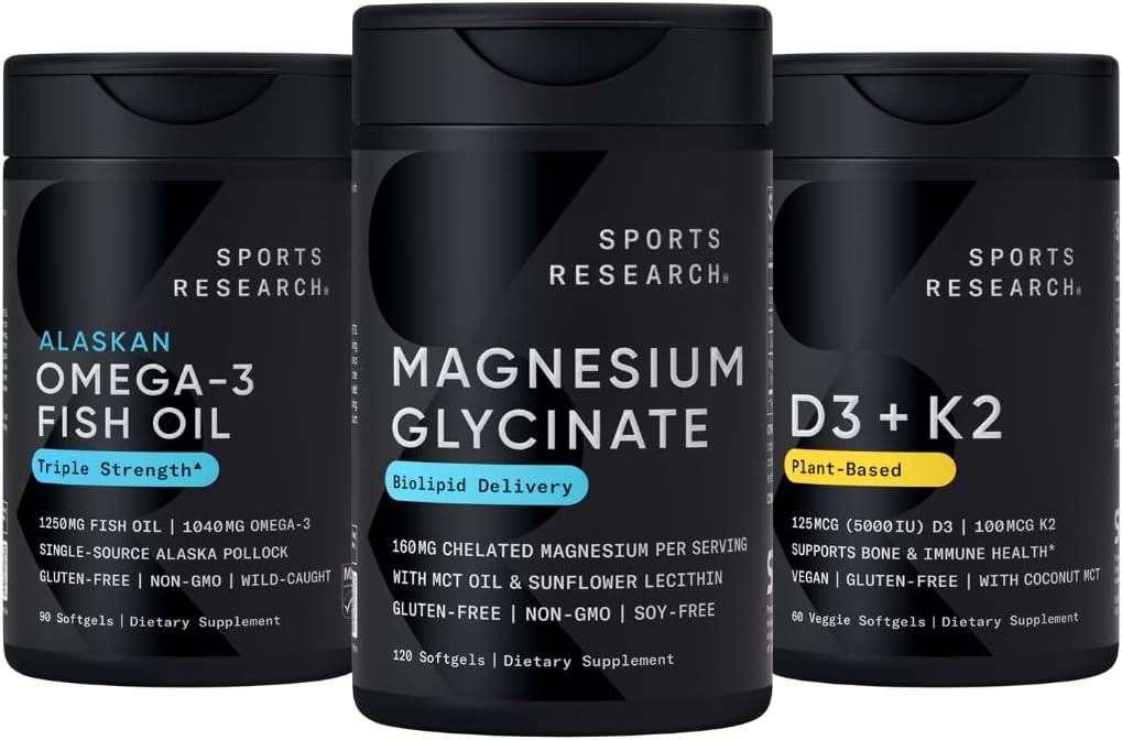 Multivitamins Pack - Triple Strength Omega-3 Fish Oil 1250 + 160 mg Chelated Magnesium Glycinate + Vegan Vitamin D 5000iu & Mk7 Vitamin K 100mcg