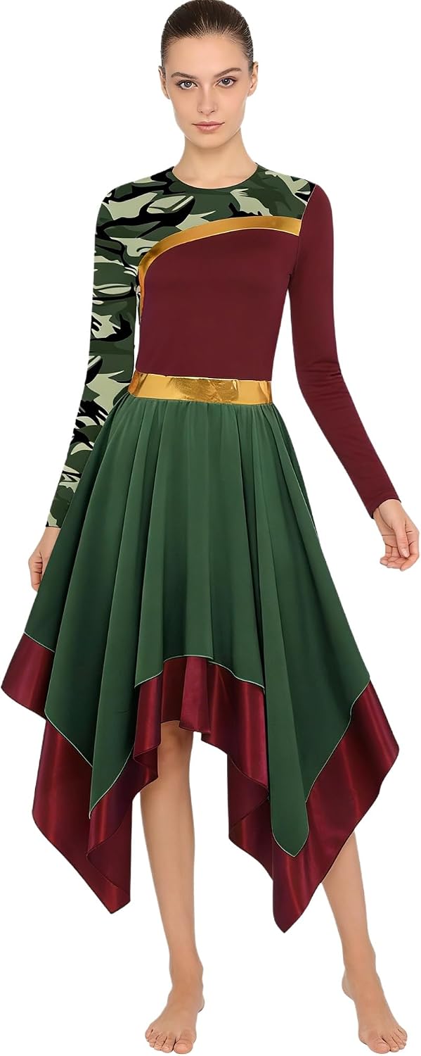 Women Liturgical Praise Dance Dresses Church Worship Dancewear Long Sleeve Color Block Dress for Holy Event