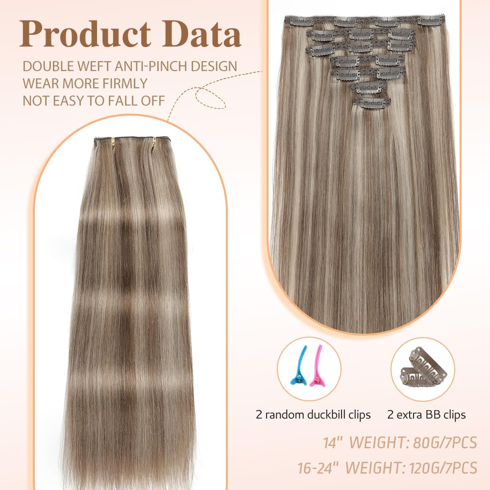 HotLulana Extension Capelli Veri Clip 7pcs 45cm 120g Extension Capelli Veri 18 Pollice Extension Capelli Clip Invisible Extension Clip Capelli Veri Clip IN Extension Human Hair P6/18K#