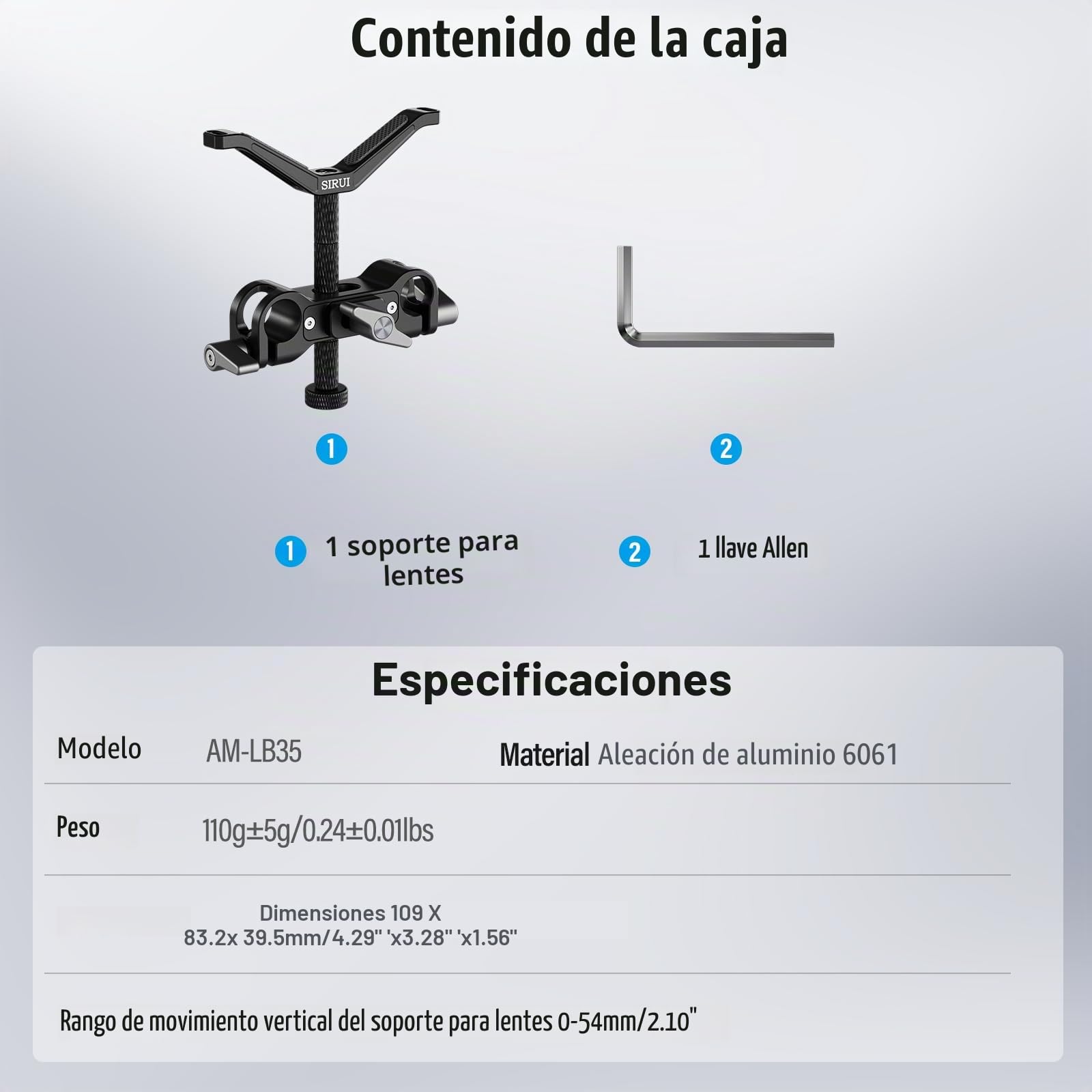SIRUI LWS 15mm Lens Support Soporte Lente Compatible con Lente de 55mm a 140mm de Diámetro para Lente Larga, 3 Varillas de Extensión para Cámara Réflex Digital - AM-LB35