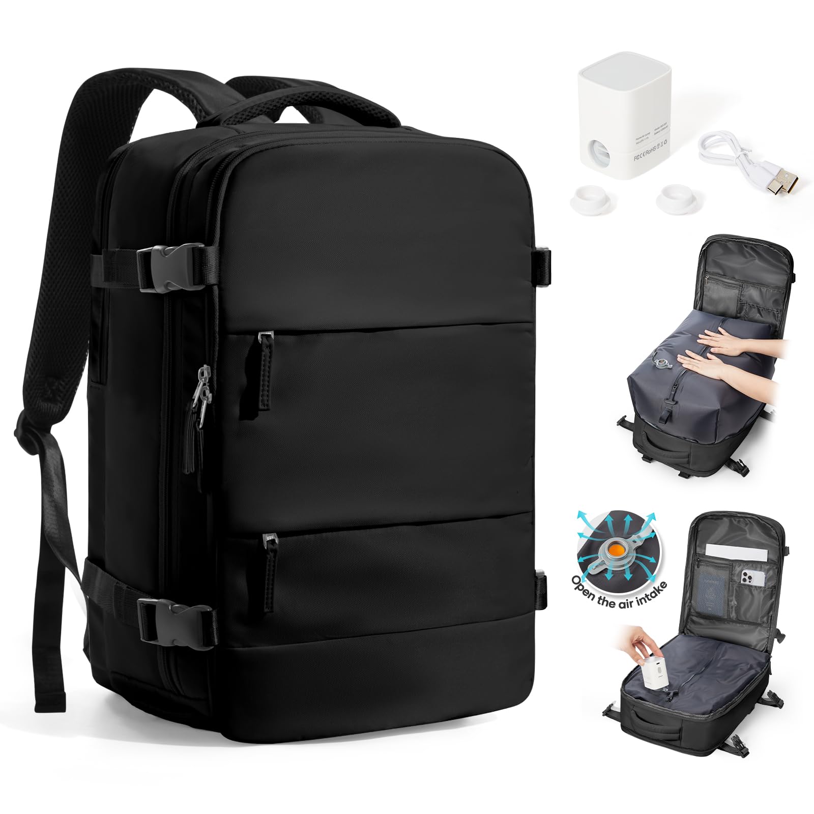 Vakuum Rucksack mit Pumpe Ryanair Handgepäck Wizzair Easyjet Großer Reiserucksack Flugzeug für Damen Herren, Wasserdichter Tagesrucksack Laptop Rucksack 14 Zoll, Schwarz