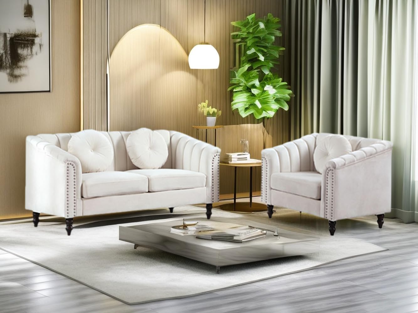 Living Room Furniture Set, Sectional Couches, Upholstered Flannel Loveseat Couch Set, Ivory White Modern Sofa Set with Toss Pillows for Living Room/Office (Ivory White, Loveseat+Chair)