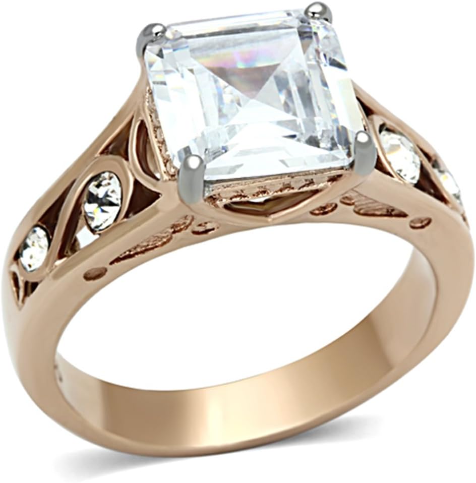 Marimor Jewelry Women's 4.30 Carat Princess Cut Cubic Zirconia Rose Gold Stainless Steel Engagement Ring Size 5-10