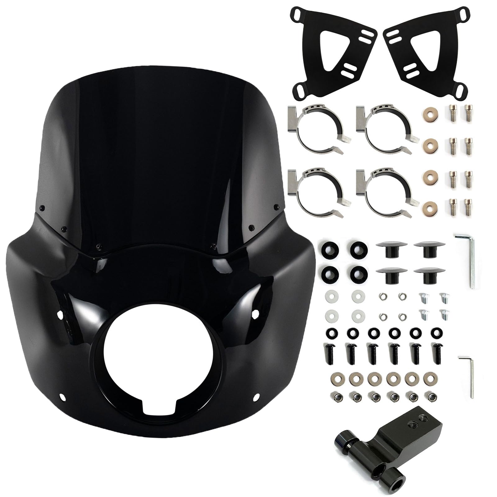 FATECIM Motorcycle 5.75" Headlight Fairing with 11" Dark Smoke Windshield Windscreen & 48-58mm Mounting Kit Headlight Extension Block For Harley 2018