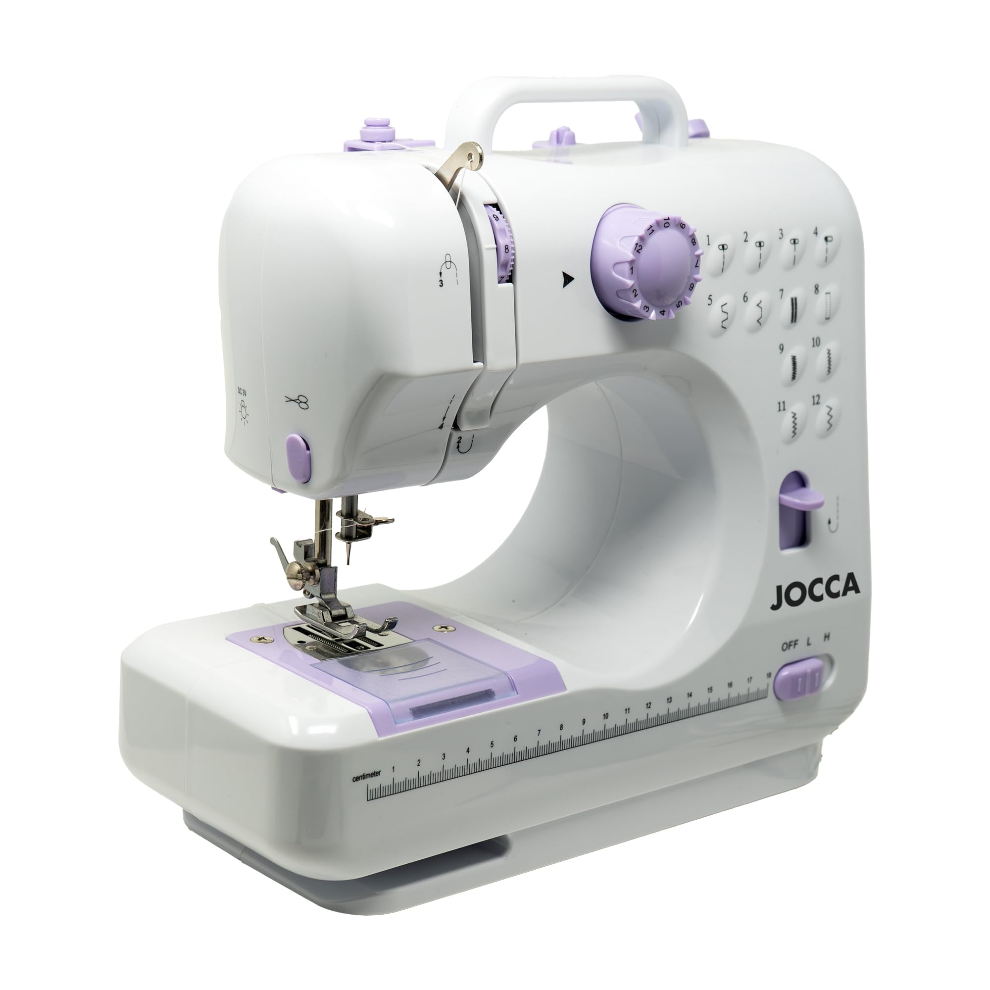 Jocca Macchina da cucire portatile con 12 punti, braccio libero, doppia velocità, luce LED, occhiello in 4 fasi, accessori inclusi e utilizzo con cavo o batterie