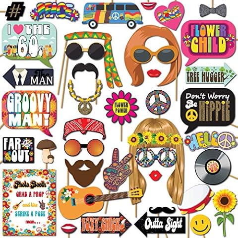 60s Photo Booth Props - 41-pc Photo Booth Kit with 8 x 10-Inch Sign, 60 Adhesive Pads, 45 Sticks - Hippie Photo Booth Props - 1960 Party Supplies - Props for Woodstock Party Cover