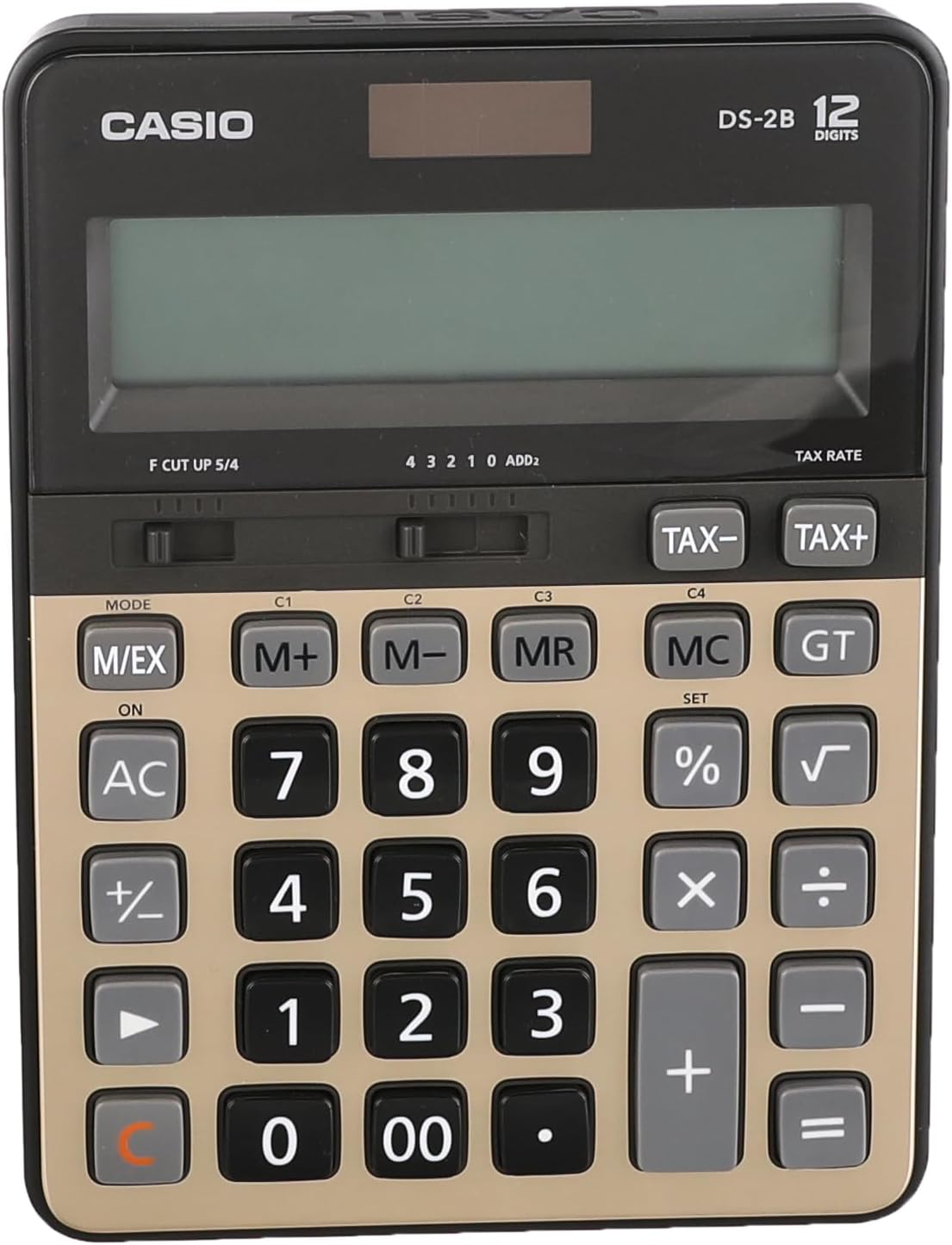 Casio DS-2B-GD-W-DP calculator showing the solar panel and display
