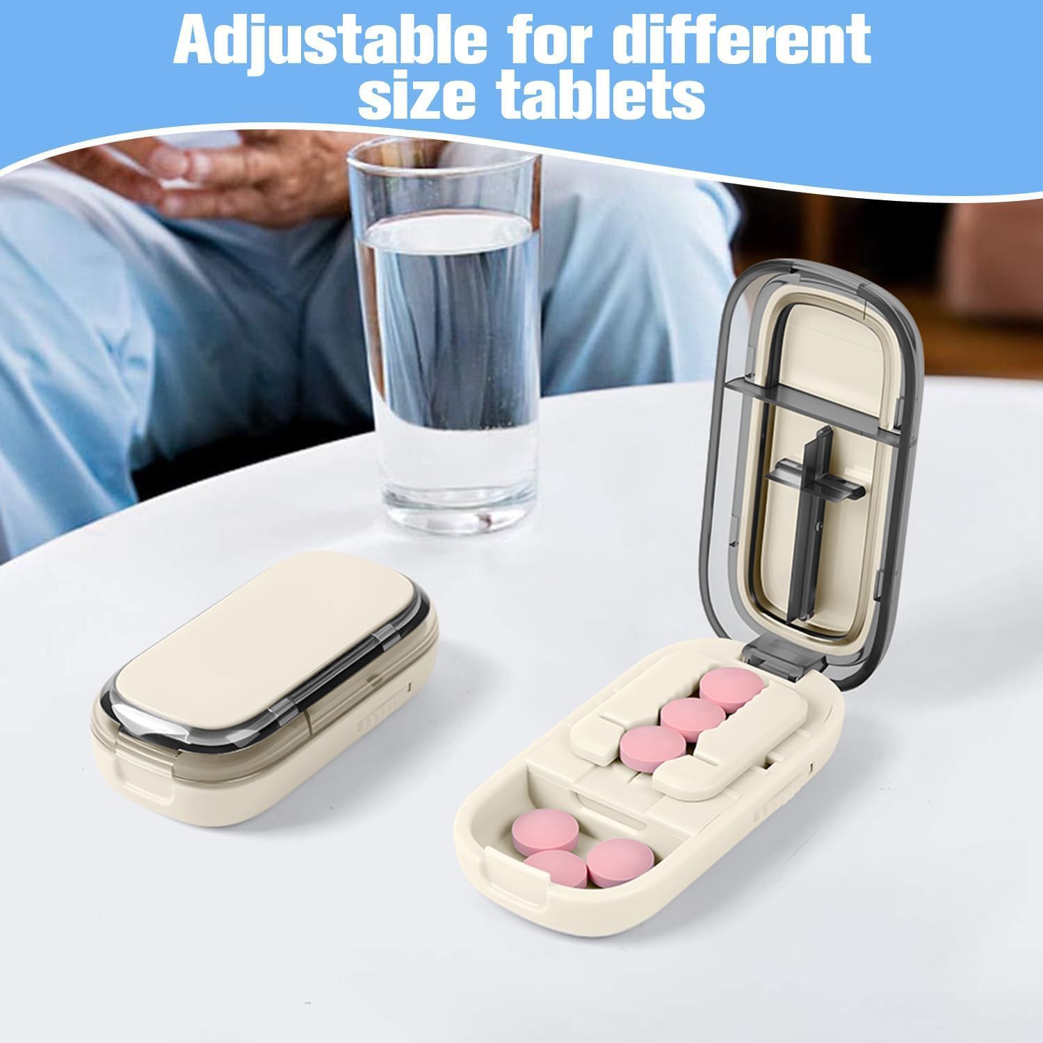 Pill Cutter Splitter for Small and Tiny Pills, Larger Pills, Adjustable 1/2 1/4 Splitter with Improved Sharp Blade, Accurate Centering Alignment Device (White)