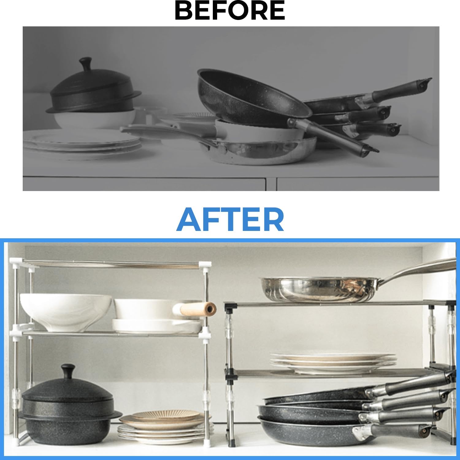 carrotez Expandable Cabinet Organizer, Set of 1 Width & Height-Adjustable Kitchen Cabinet Organizer Shelf, Stackable Kitchen Counter Shelf, 11.8~19.6 x 7.8 x 5.9~9" White - Image 4