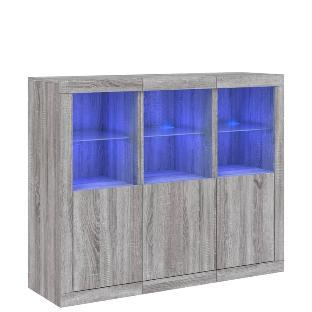 Lot de 3 buffets avec lumières LED - Gris Sonoma - Vitrine de cuisine - Pour salon - Pour desserts, boutique, salon, cuisine, salle à manger