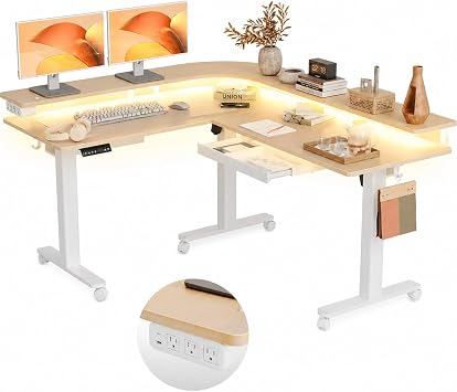 Claiks 63" L Shaped Standing Desk with Drawers and LED Lights, Height Adjustable Electric Corner Standing Desk with Monitor Stand & Power Outlet, 4 Memory Preset, Nature