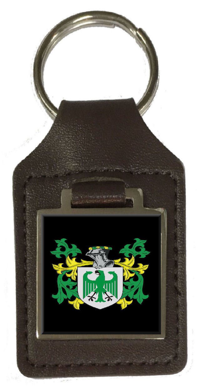 Schlüsselanhänger mit Klett und Familien-Wappen, braunes Leder, graviert