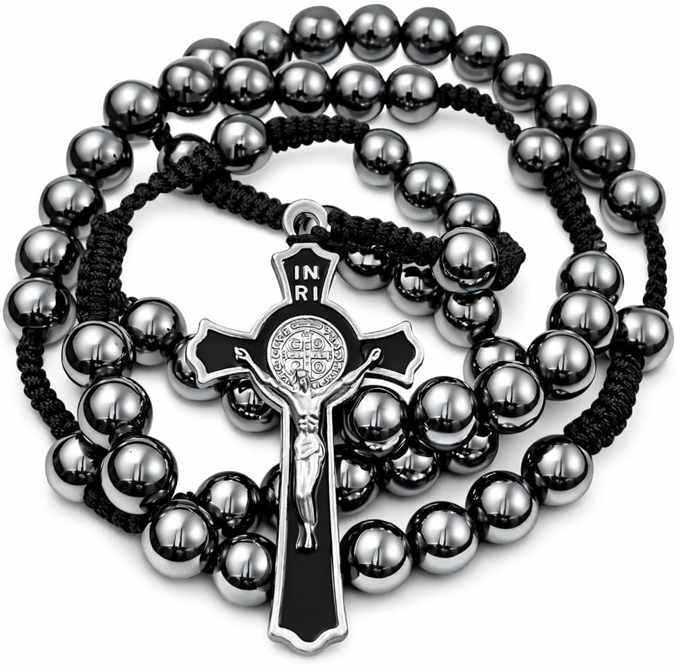 TALISMAN4U 8mm Hematite Black Beads Catholic Rosary Necklace for Men St Benedict Medal Crucifix Handmade Braided Rosary Prayer Card Religious Gift Pouch