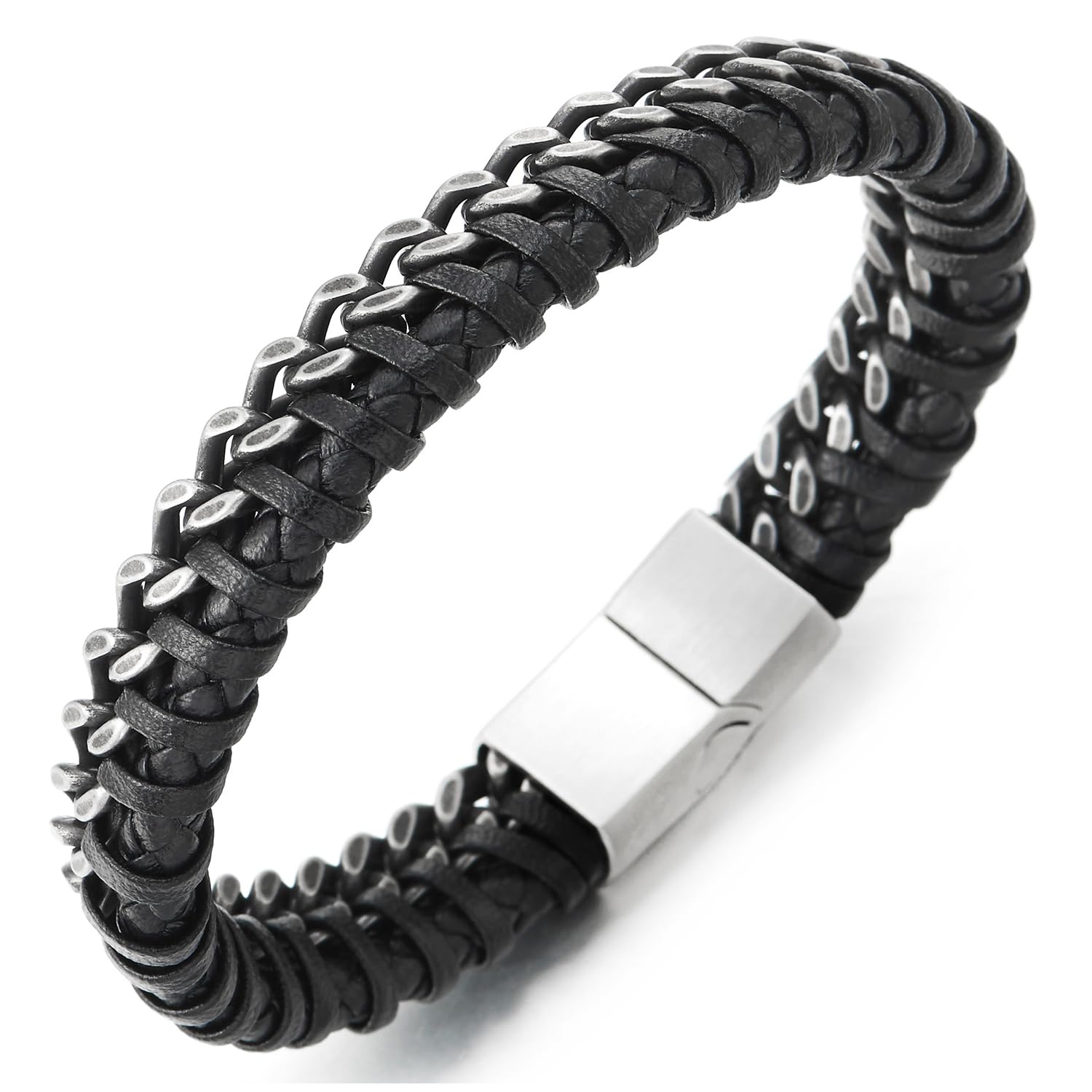 COOLSTEELANDBEYOND Hombre Negro Trenzado Cuero Pulsera Entretejido con Acero Inoxidable Cadena Barbada