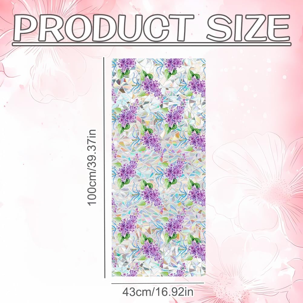 Lilacs Flower Window Privacy Film Rainbow Film Decorative Window Sticker for Car Sunroof, 3D Static Stained Glass Cling Tint for Home Office Car Heat Control Non-Adhesive, 16.93 x 39.37 Inch