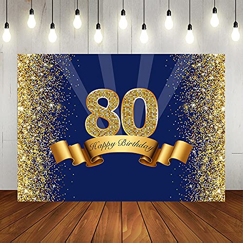 Lofaris Happy 80th Birthday Photography Backdrop for Adult Men Navy Blue and Glitter Gold Eighty Years Old Background Shiny 80th Anniversary Party Decorations Photo Booth Props 7x5ft by Lofaris - Used condition - US$8.17