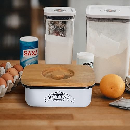 Miniatura 5 de SOTECH Mantequillera con Tapa Estilo Granja Tarro de Mantequilla para Encimera Caja de Metal Pequeña y Cubierta de Bambú más Gruesa Mantequillera