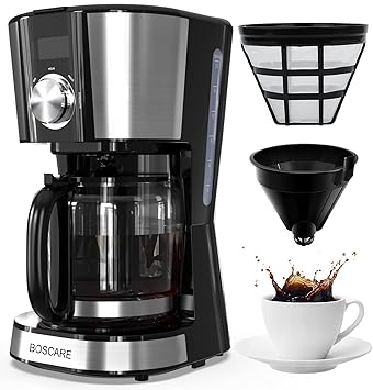 BOSCARE 12 Cup Coffee Maker with Glass Carafe,Programmable Drip Coffee Machine,Multiple Brew Strength, Ke