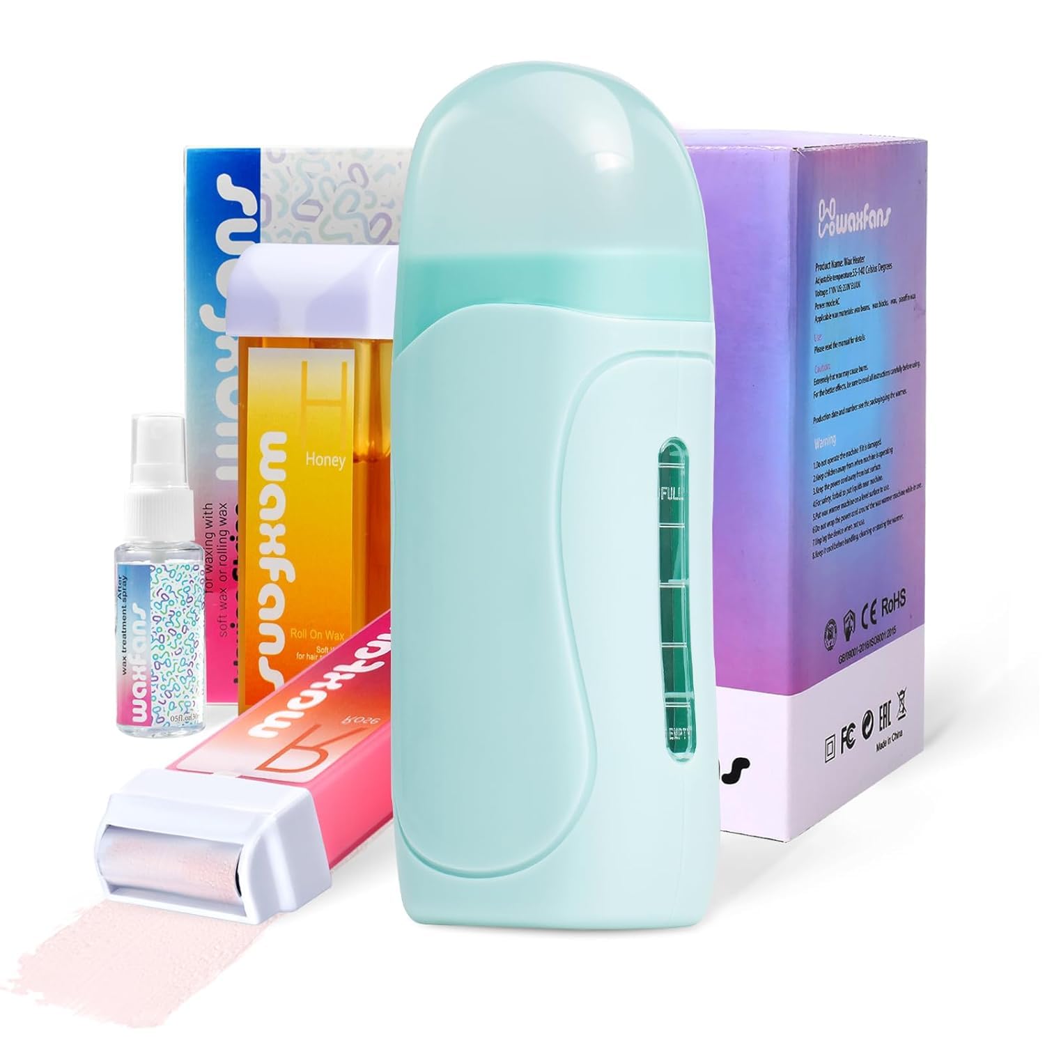 Roll on Wax Kit, Roll on Waxing Kit for hair removal, Waxing Kit for Women, Wax Roller Kit for All Skin Types, Wax Roller Waxing Kit for Women, with 2 Wax Cartridges & 50 Pcs Wax Strips