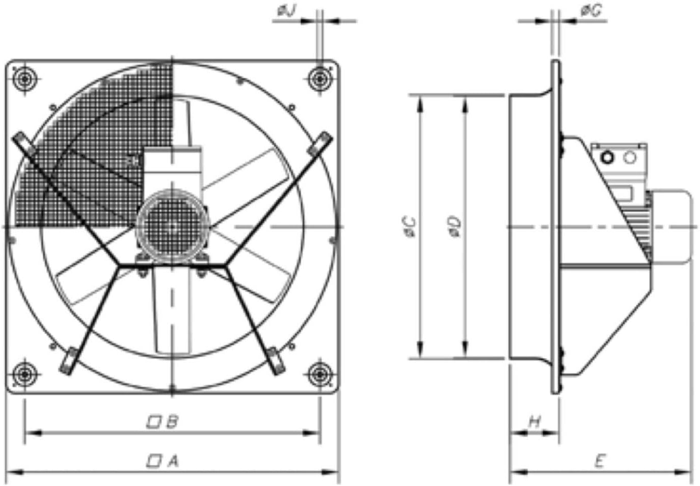 Technical drawing of Sodeca HCDF-56-6T fan dimensions