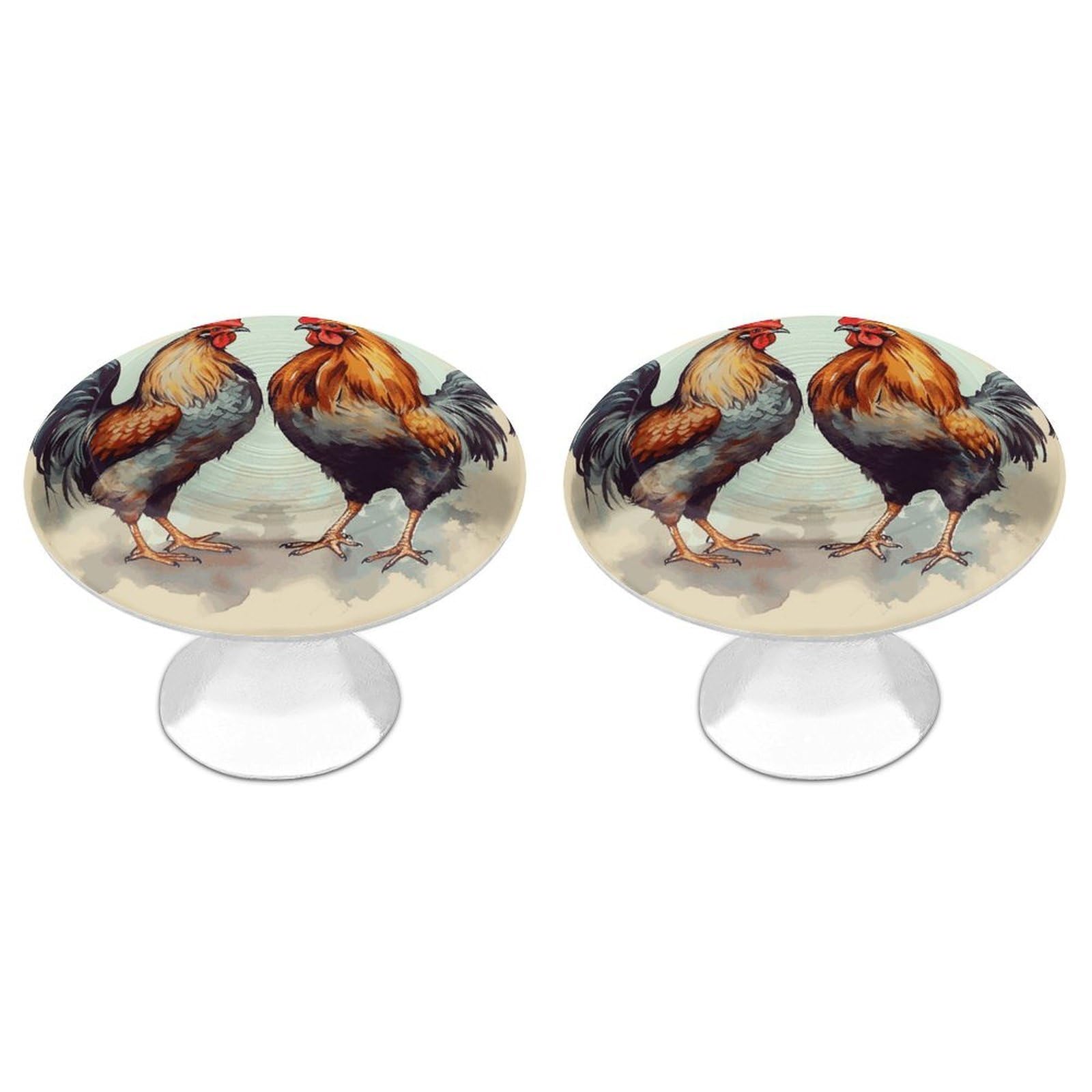 FekiLoot Rooster and Hen Cabinet Knob 2 Pack Mini Round Drawer Pulls Stainless Steel Dresser Drawer Knobs Kitchen Drawer Hardware for Bathroom Dresser Closet Door Knobs