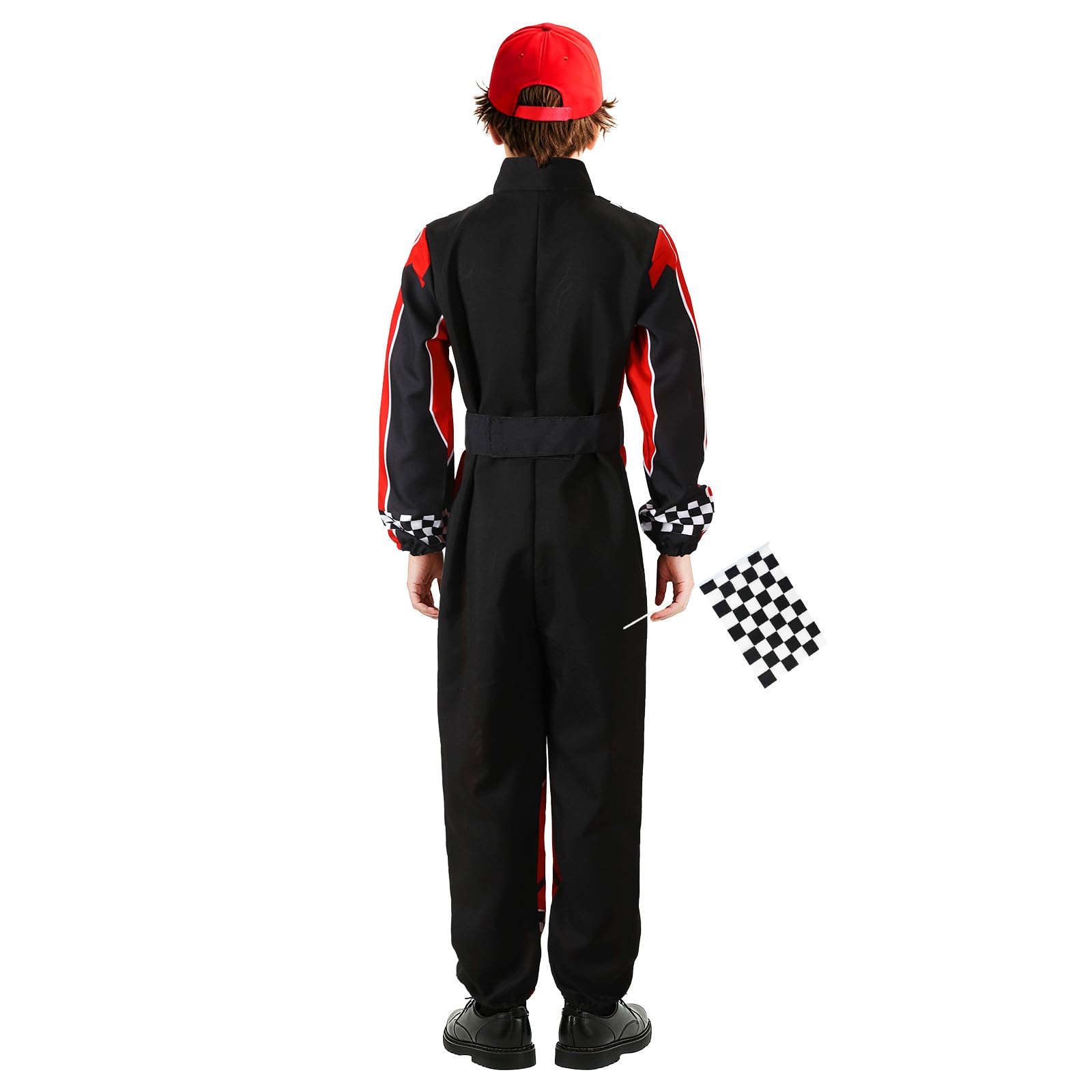 Skknuny Race Car Driver Costume Boys Racer Jumpsuit With Car Cap Kids Dress Up for Halloween (L), Red - Image 3