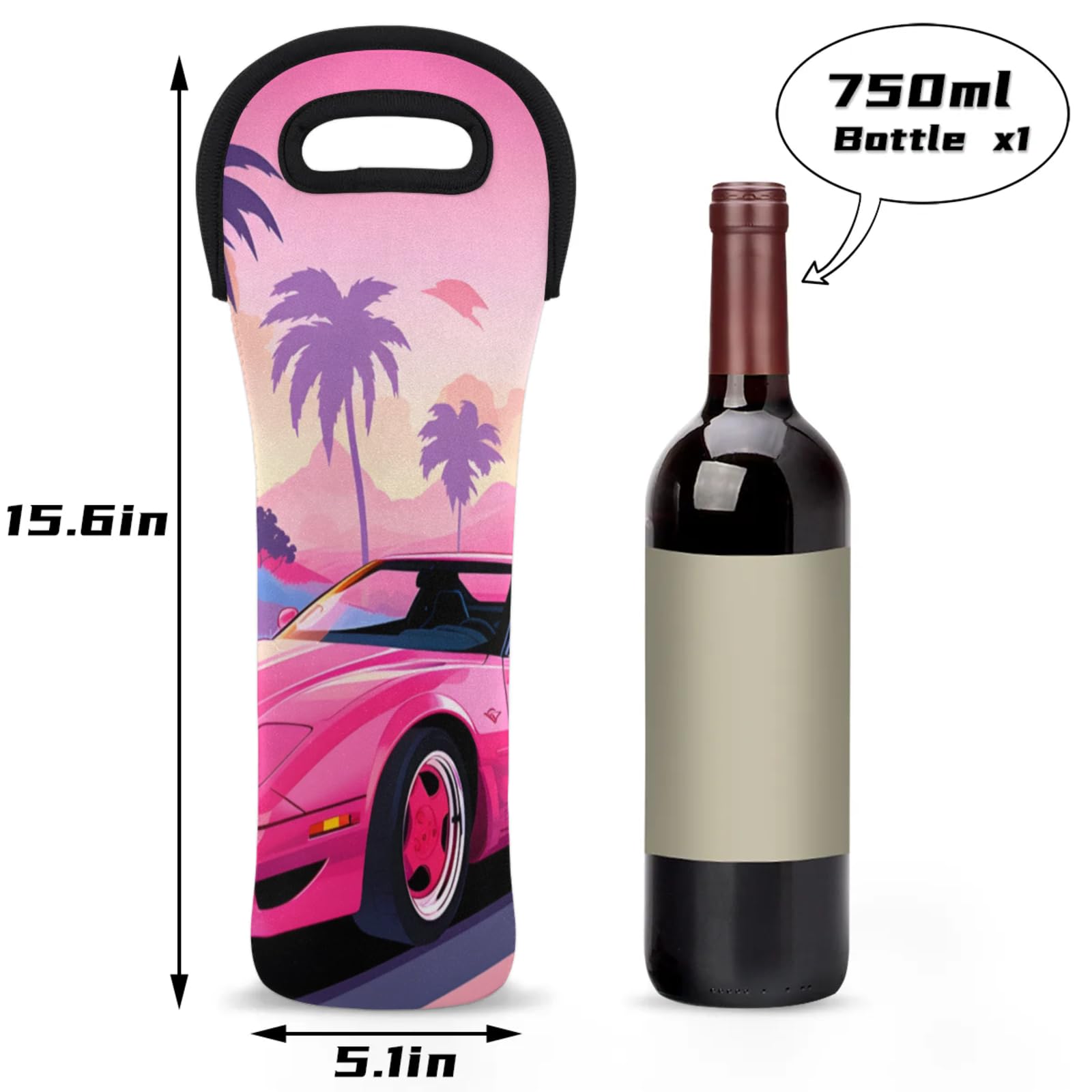 Neoprene Wine Tote Carrier Bag for Wine,Water, Champagne, Beer, Baby Bottles 15.6 x 5.1 Inches, Protective Wine Bag,Retro Sport Car Rides