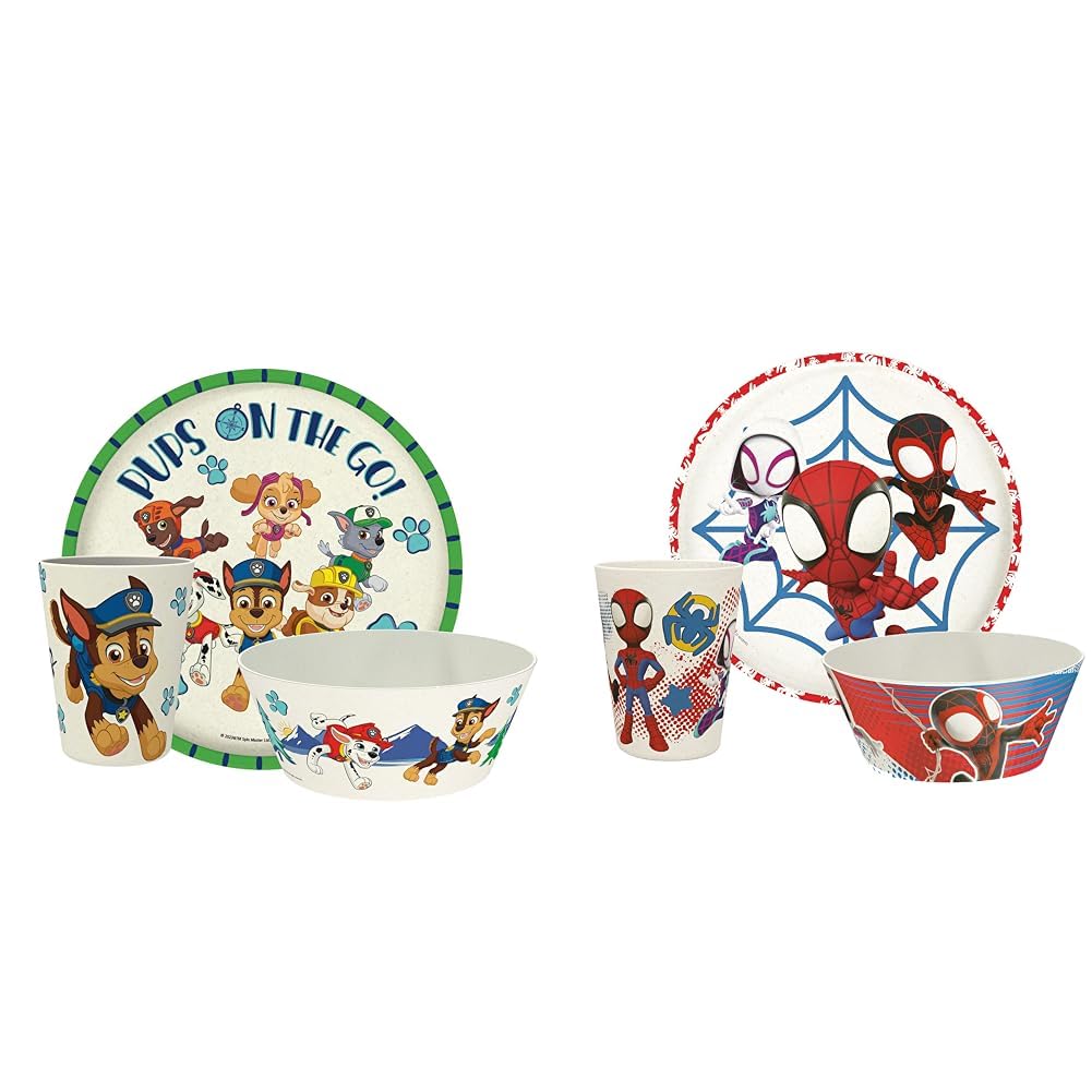 Zak DesignsPAW Patrol Kids 3 Pieces Dinnerware Set with Durable Melamine Bamboo and Marvel Spider-Man Kids 8 Pieces Dinnerware Set with Durable Melamine Bamboo