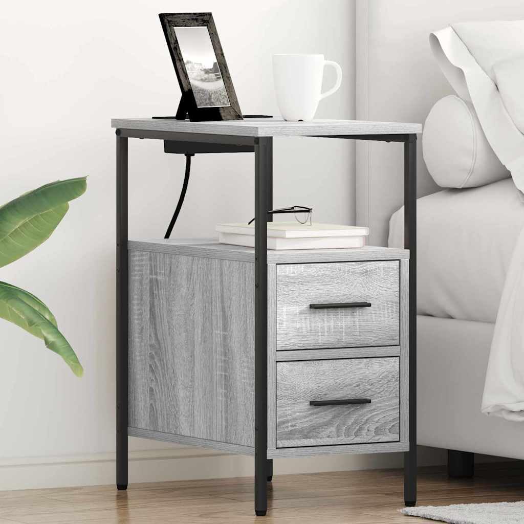Cabinet de chevet gris avec tiroirs et station de charge meuble bois 30x48x61 cm