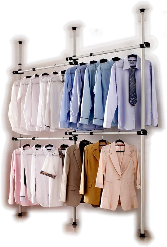 Portable Indoor Garment Rack Tools Free DIY Coat Hanger Clothes Wardrobe 3 Poles 4 Bars. Heavy Duty Stainless Steel Poles and Bars. 60kg Loading Per Horizontal Bar. Free Reach Hook.[3204]