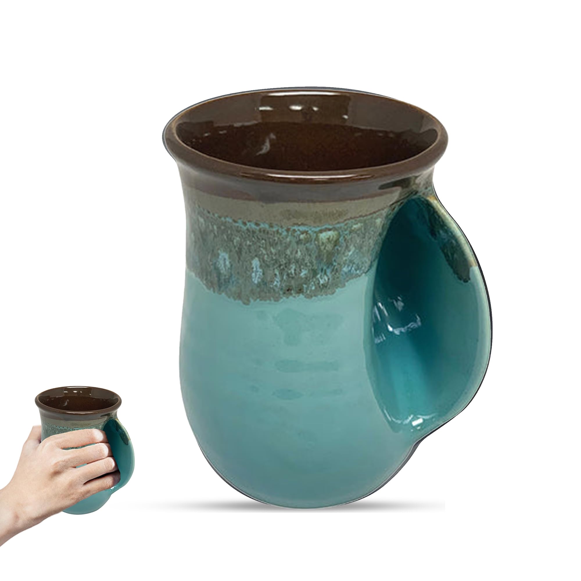 Hand Warmer Coffee Mug – Handmade Coffee Mug With Comfortable Handle Contoured Pocket Hand Warming Ceramic Coffee Mug – Proudly Made in USA – Right Handed – 14 Oz - Ocean Tide