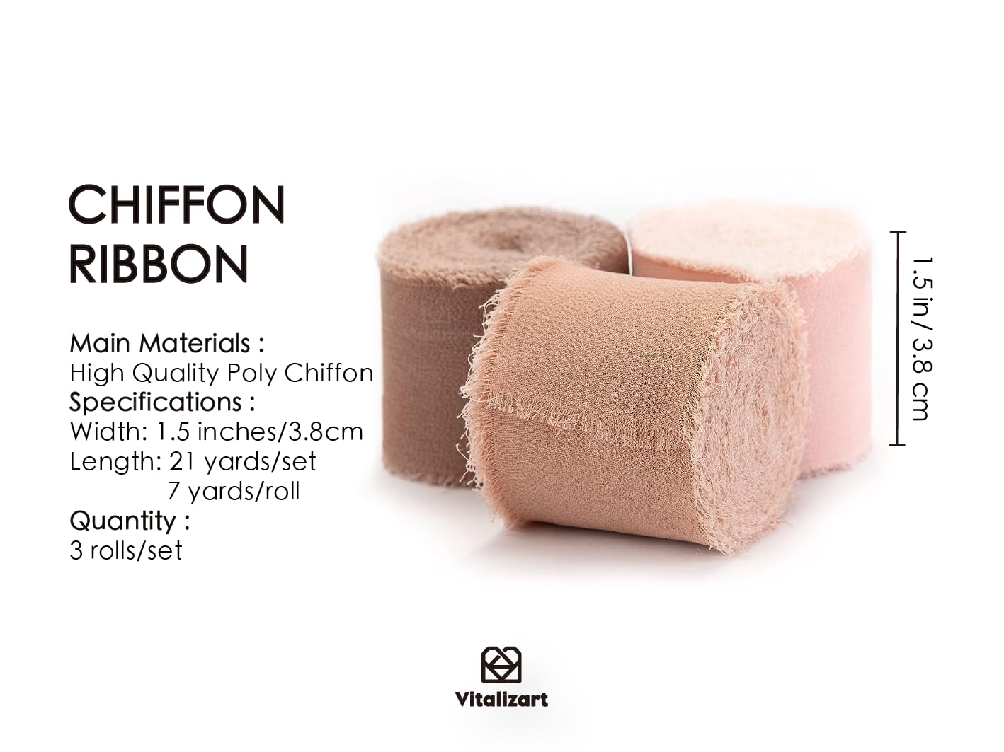 Vitalizart 3 Rolls Handmade Fringe Chiffon Silk Ribbon Gauze 1.5" x 7Yd Dusty Rose Ribbons Set for Wedding Invitations, Bridal Bouquets, Gifts Wrapping, DIY Crafts