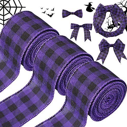 3 Rolls 15 Yards 2 Inches Halloween Plaid Wired Ribbons Buffalo Check Ribbon Fall Rustic Craft Ribbon Assorted Burlap Style Fabric Wrapping Ribbon For Decorations (Black, Purple Plaid) #TOP7