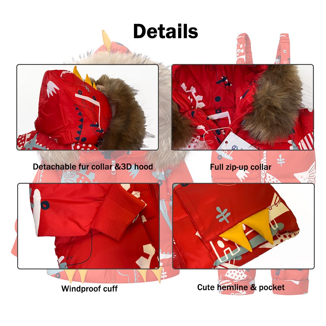 Trajes de Nieve 2 Piezas para Bebé Niña Invierno Chaqueta de Plumón Dinosaurios Abrigo con Babero de Nieve Pantalones Niños Traje de Esquí Ropa