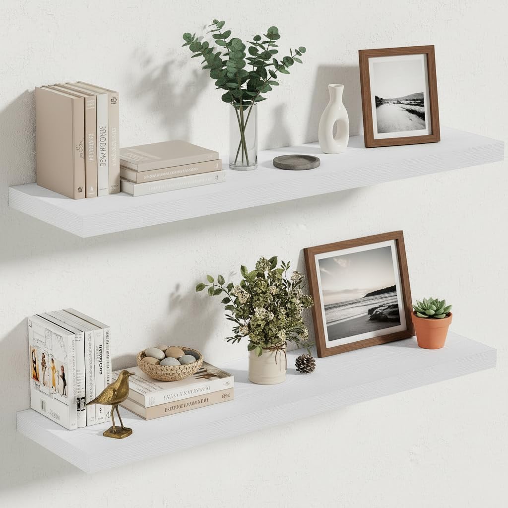 Vivelove 10 in Deep Floating Shelves for Wall, 30" x 10.2" x 1.5" Shelves for Room Wall Mounted, 1.5 Inch Thick Shelf for Bathroom Bedroom Kitchen Book Room, Modern Farmhouse Decor, Set of 2, White