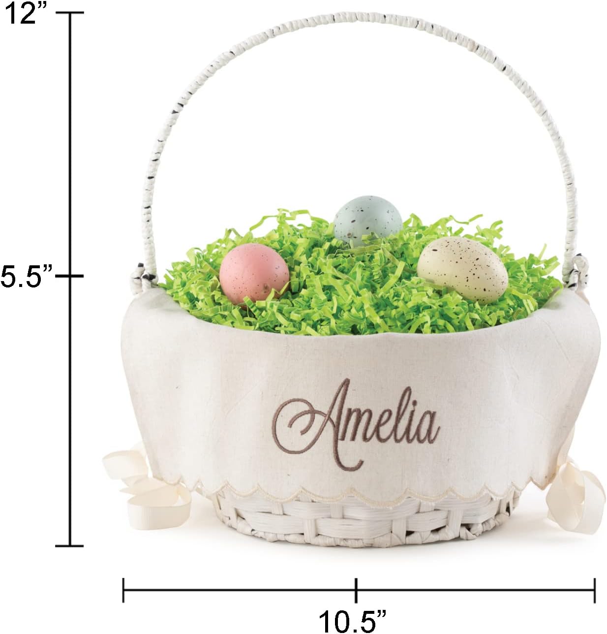 Personalized Easter Egg Basket with Handle and Custom Name in Brown Script | Scallop Edge Linen Easter Basket Liners | White Basket | Woven Easter Baskets for Kids Adults | Customized Easter Basket