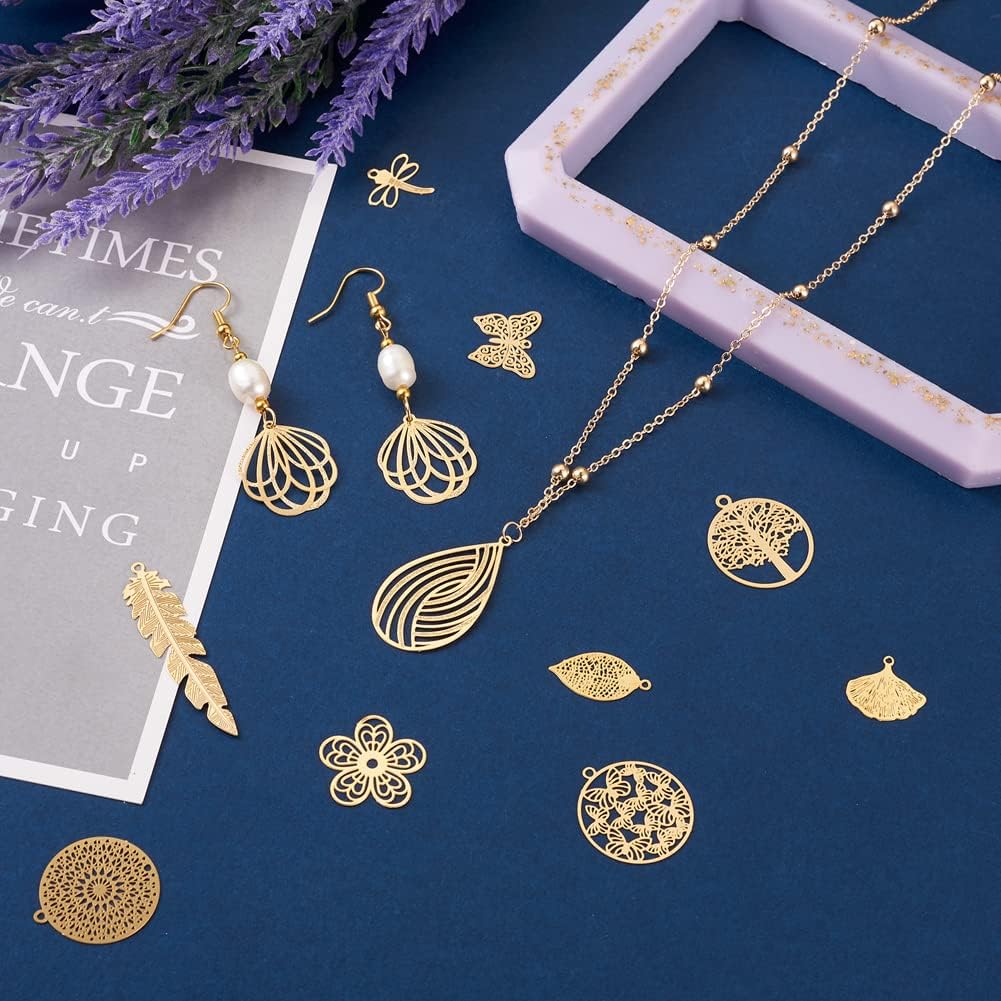 Cheriswelry 48Pcs Rack Plating 201 Stainless Steel Filigree Pendants Real 18K Gold Plated Leaf Flower Dragonfly Charms Etched Metal Embellishments 13.5-41.5mm for DIY Necklace Earring - Image 5