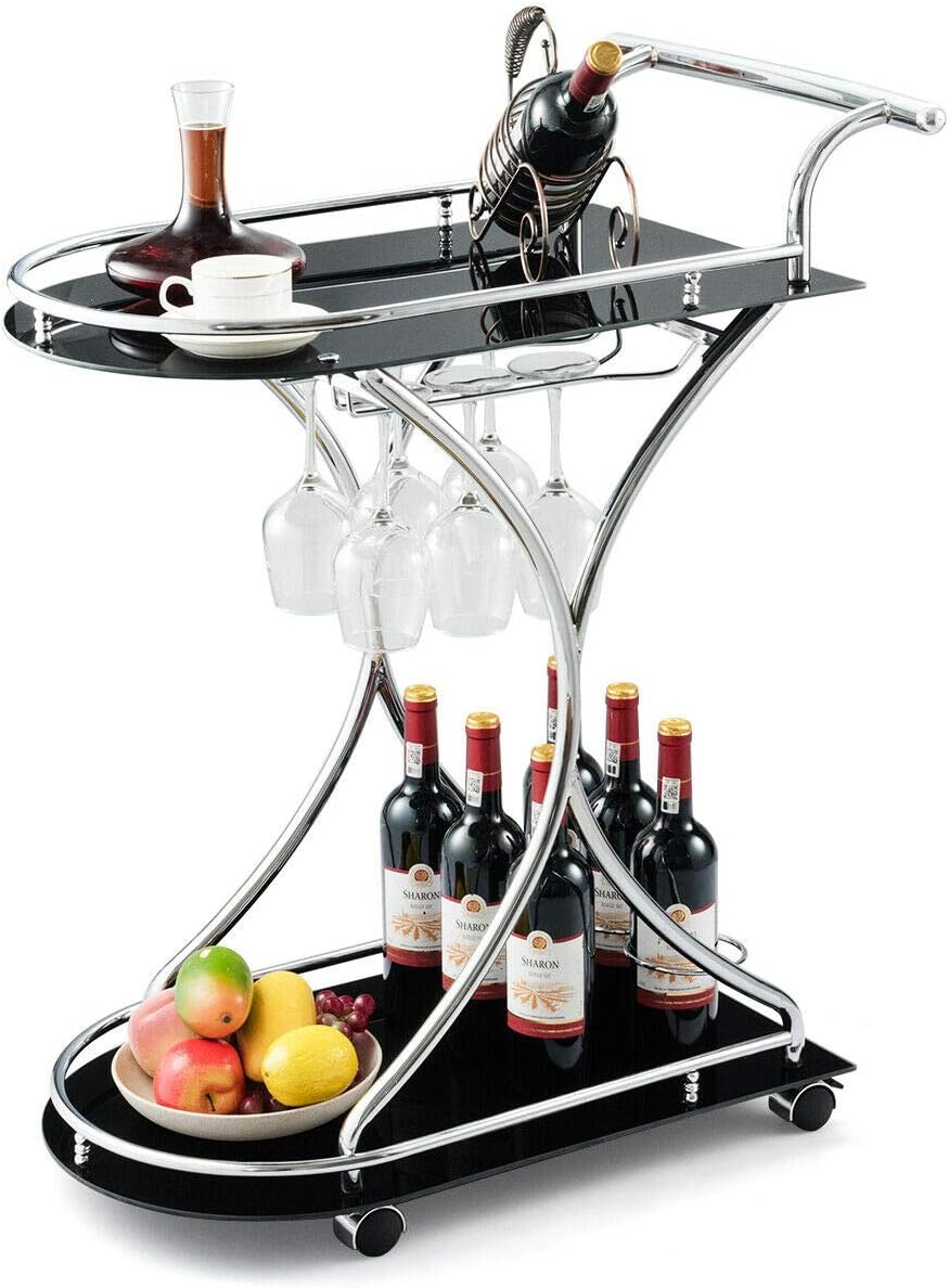 Tangkula Rolling Bar Cart, Glass Serving Cart with Metal Frame and 2 Tempered Glass Shelves, Tea/Wine Serving Bar Cart with 4 Wheels, Ideal for Kitchen, Hotel or Restaurant (Silver & Black)