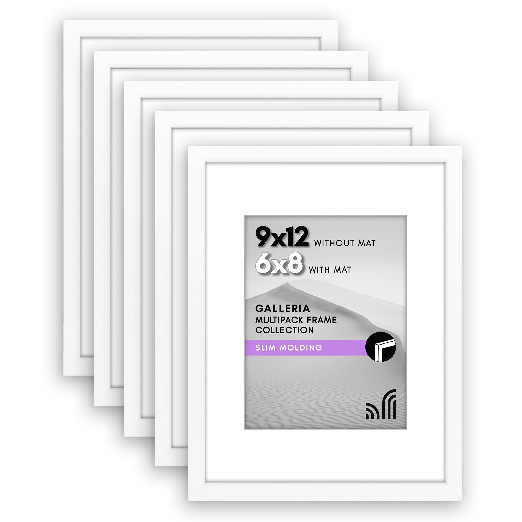Americanflat 9x12 Picture Frame Set with Polished Plexiglass - Use as 6x8 or 8x12 - Galleria Collection - White