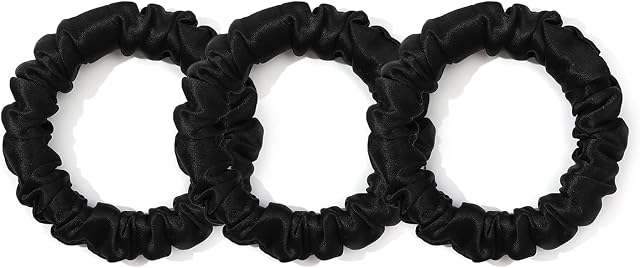 LILYSILK Silk Thin Hair Scrunchies for Frizz Prevention, 100% Mulberry Silk Hair Ties for Breakage Prevention, Elastic ponytail Holders(Black 3Pcs)