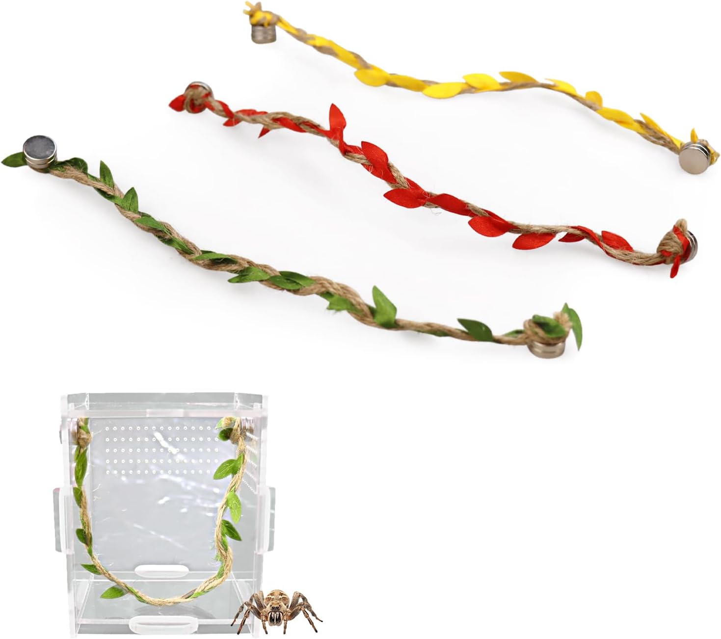 3 Pack Jumping Spider Rope Bridge with Magnets for Jumping Spiders Climbing Accessories Spoods Braided Natural Twine & Leaf Ribbon Ladders