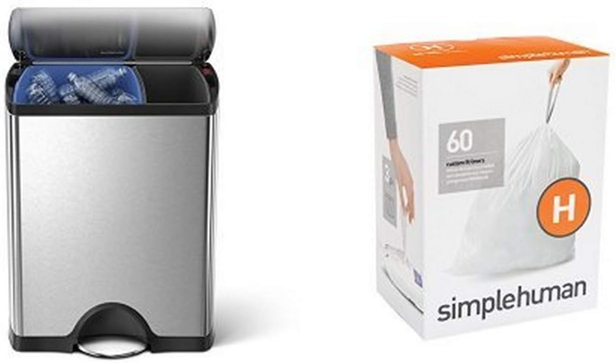 simplehuman 46 litre dual compartment rectangular step can fingerprint-proof brushed stainless steel + code H 60 pack liners