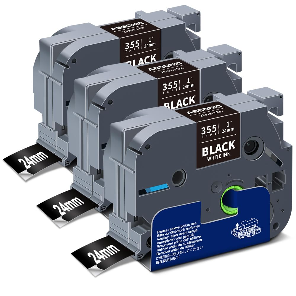 Absonic TZ-355 24mm White on Black Label Tape Replace for Brother TZe-355 1 Inch Black TZe Tz Tape 0.94 Laminated Work with Brother P Touch Label