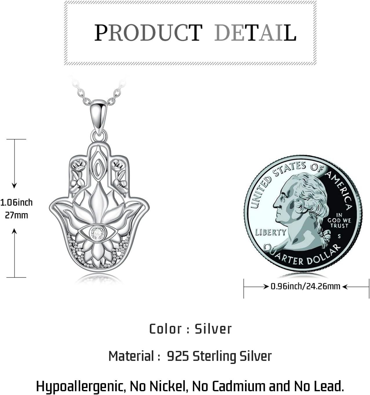 Hamsa Lotus Necklace for Women 925 Sterling Silver Hand of Fatima Pendant Evil Eye Lotus Flower Jewelry Gifts for Yoga Lover Mom Wife Girlfriend - Image 4