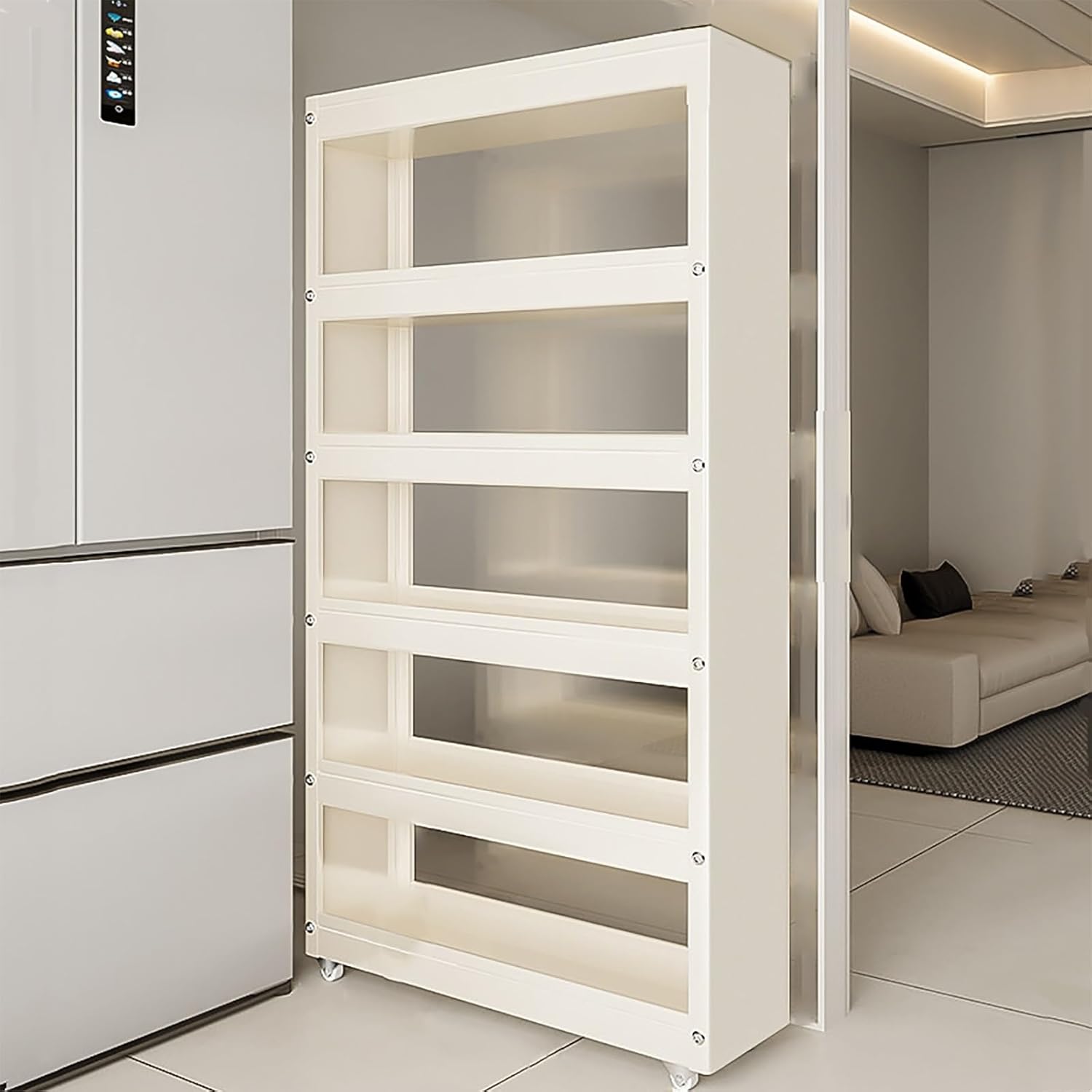 Slim Storage Cart, Pull Out Kitchen Gap Organizer, Rolling Narrow with Wheels, Carbon Steel Multi Tier for Refrigerator Side, Bathroom, Laundry Room(White,15.7 * 7 * 27.5in)