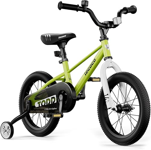 lecoco Bicicleta infantil para niños y niñas, bicicleta infantil de 14, 16, 18 pulgadas, con ruedas de entrenamiento, frenos de pedal, freno de mano