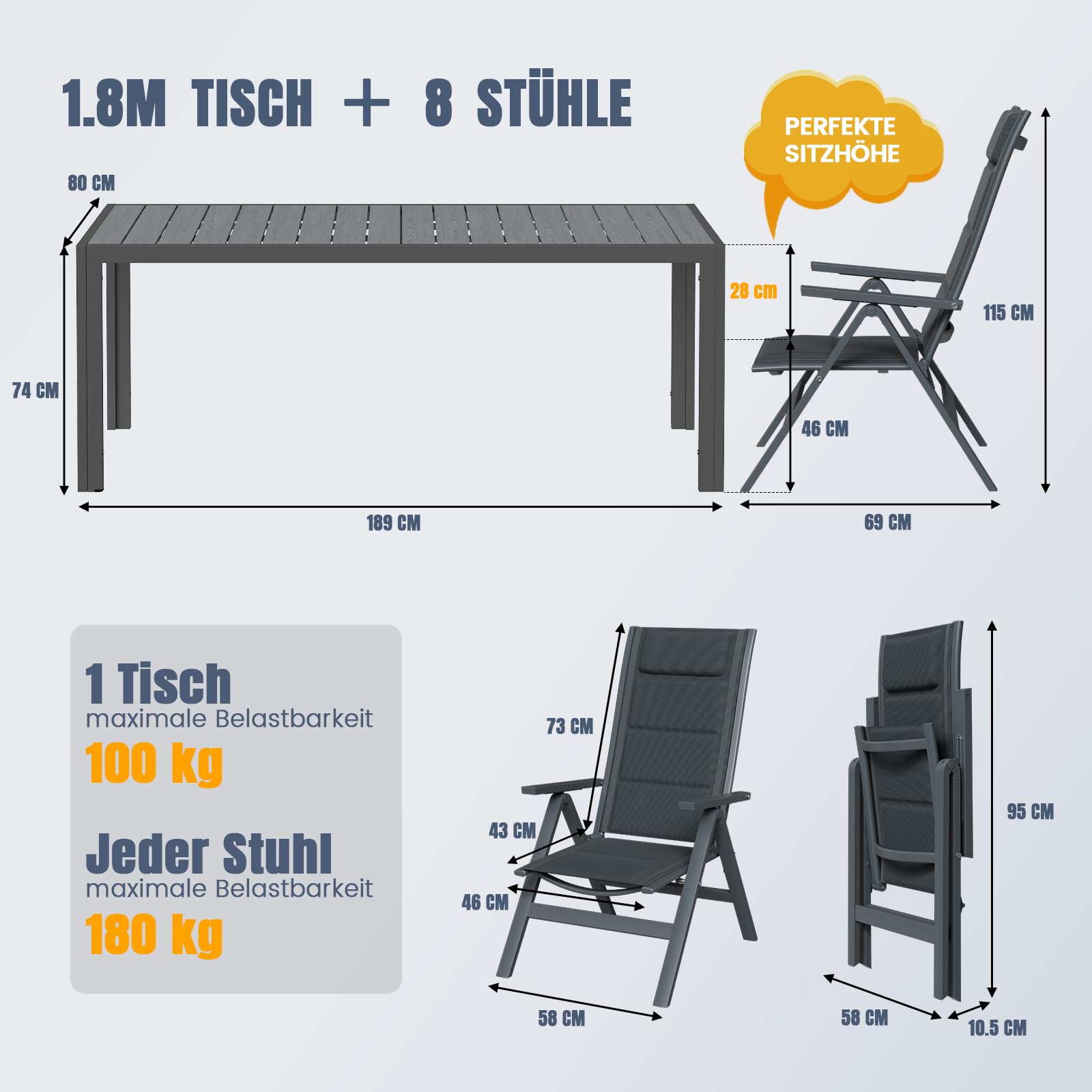 Devoko Gartenmöbel Set 8 stühle mit Tisch, Bestehend aus 1 Aluminiumtisch und 8 Klappstühlen für balkonmöbel. 1 x 189 cm Gartentisch mit Holzmaserung, Terrassenmöbel-Set, Dunkelgrau.
