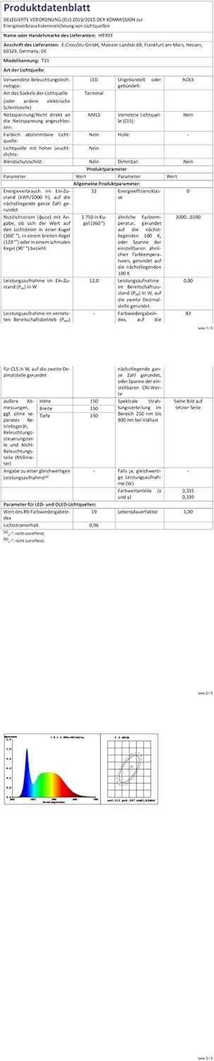 Product data sheet for the Hifree T21 lamp, showing technical specifications.