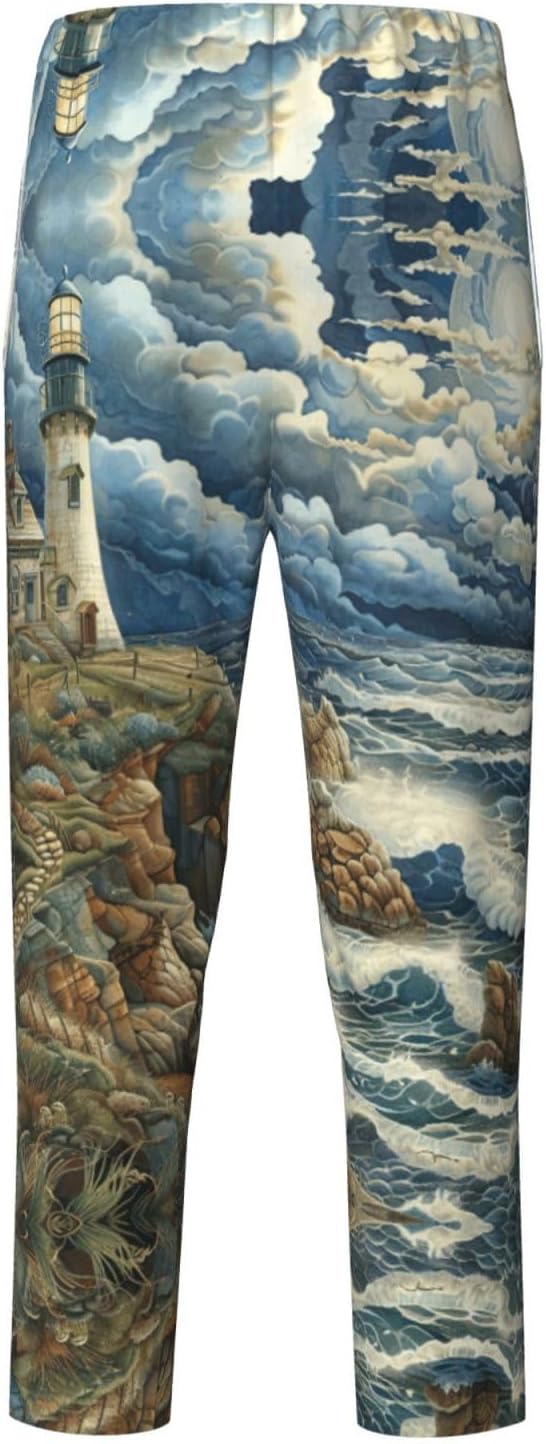 The Seaside Lighthouse Print Comfortable Pajama Pants,Teenagers Pajama Pants,For Both Lounging At Home And Outings