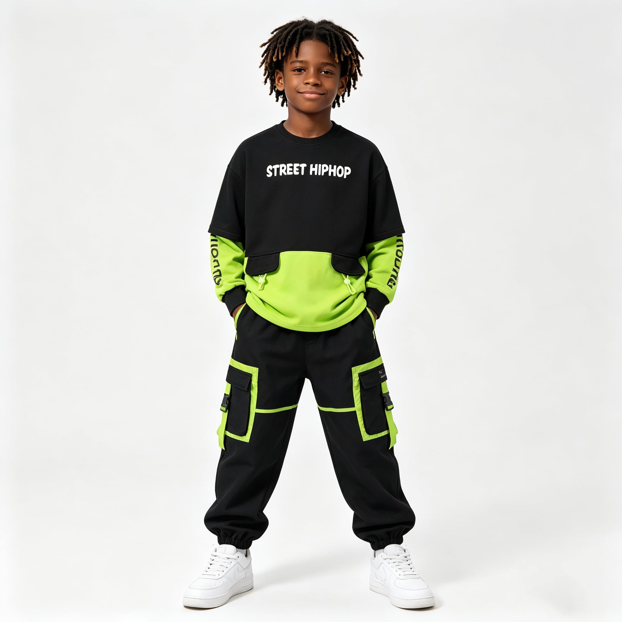 LOLANTA Jungen Hip Hop Tanzoutfit Colorblock Locker geschnittes Sweatshirt & Cargo-Hose, Streetwear Tanzkleidung Set für Kinder